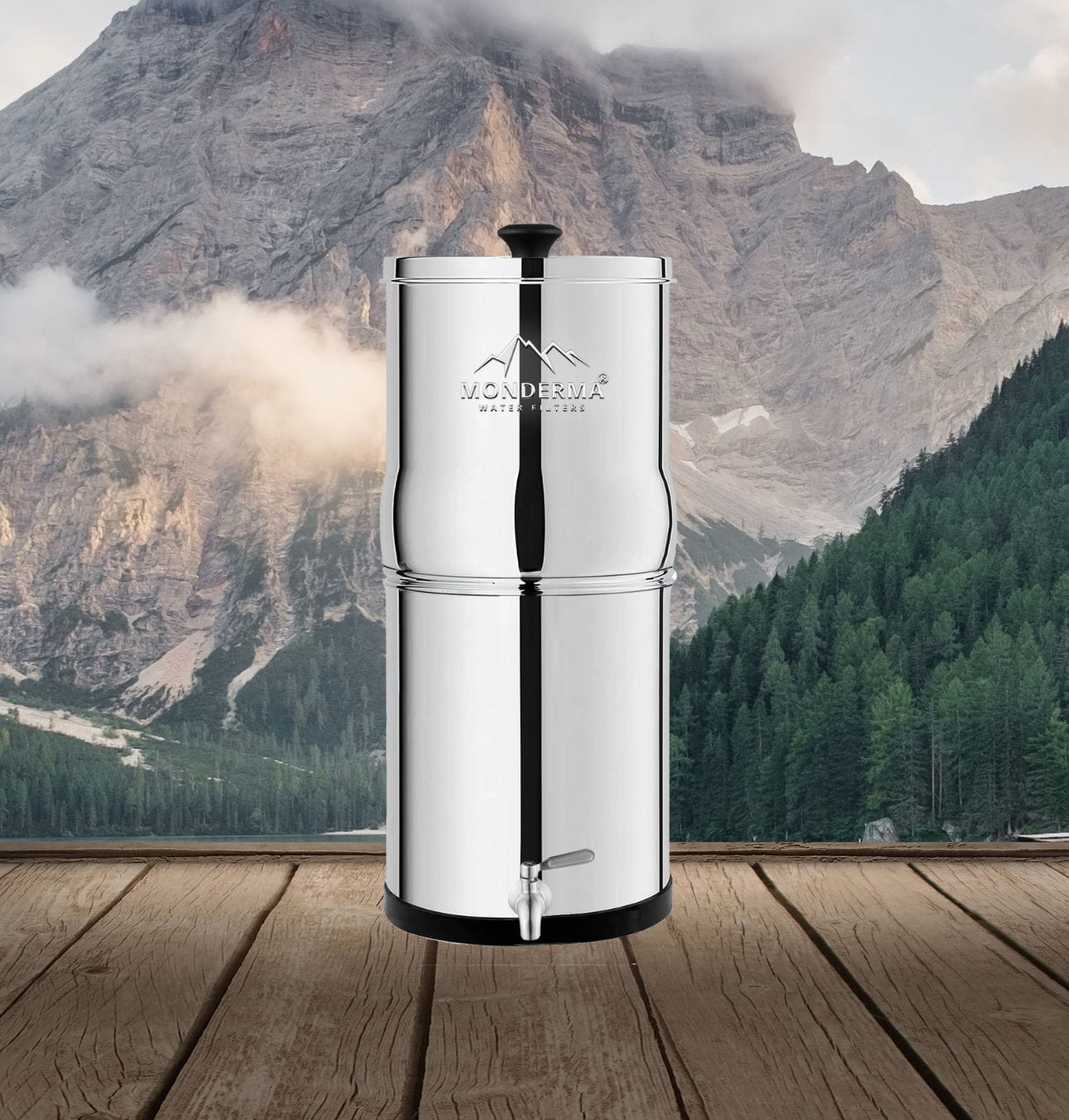 Fontaine à gravité Monderma Waterfilters en inox – purifie l’eau sans électricité