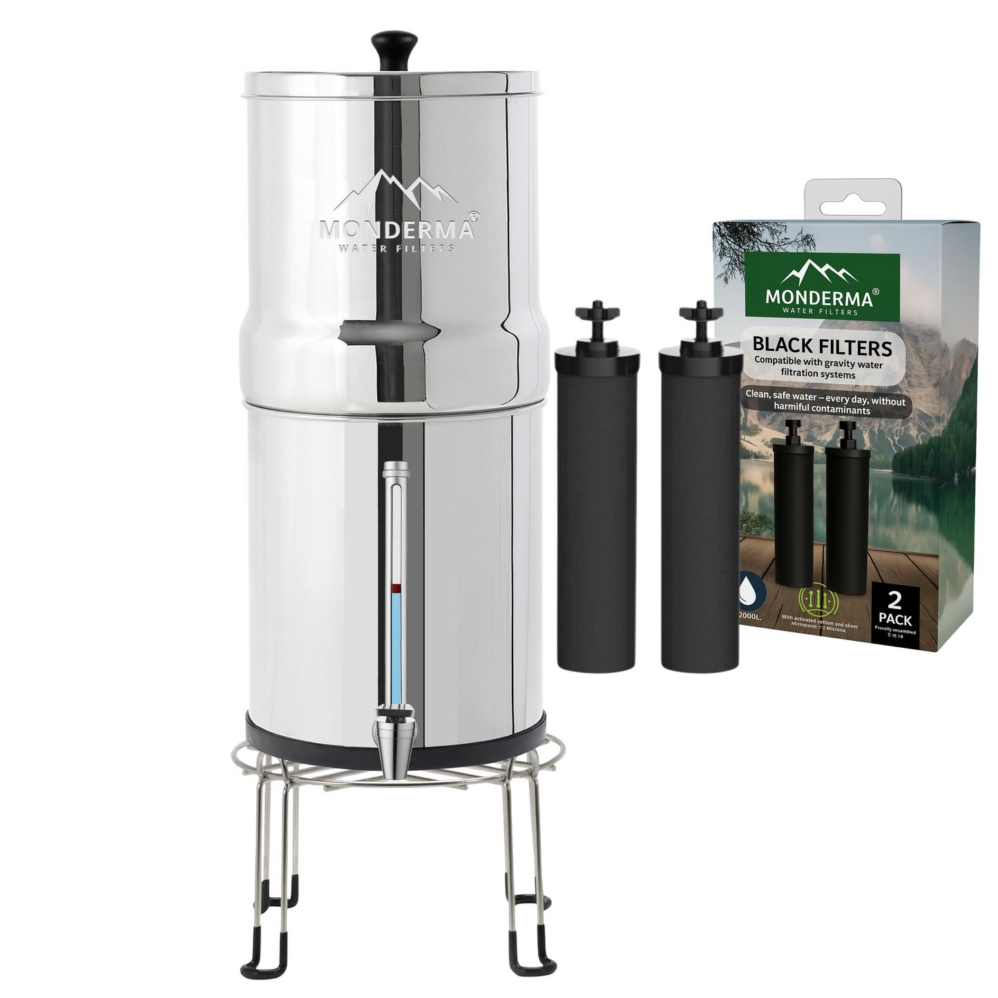 Monderma waterfilters fontaine monderma Fontaine à eau Monderma Max travel 5.6L - inclus 2 filtres black filters, 1 base inox, 1 robinet avec vue