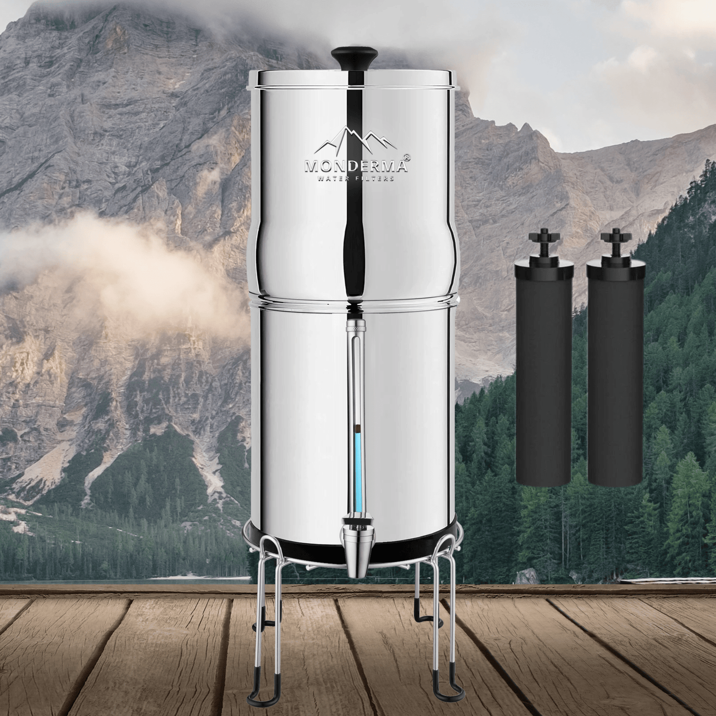 Monderma waterfilters fontaine monderma Fontaine Monderma Max Big 8.5L - inclus 2 filtres black filters, 1 base inox, 1 robinet avec vue