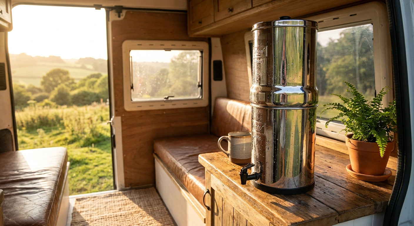 A gravity water filter on a wooden countertop inside a sunlit camper van, with a green natural landscape visible through the window.