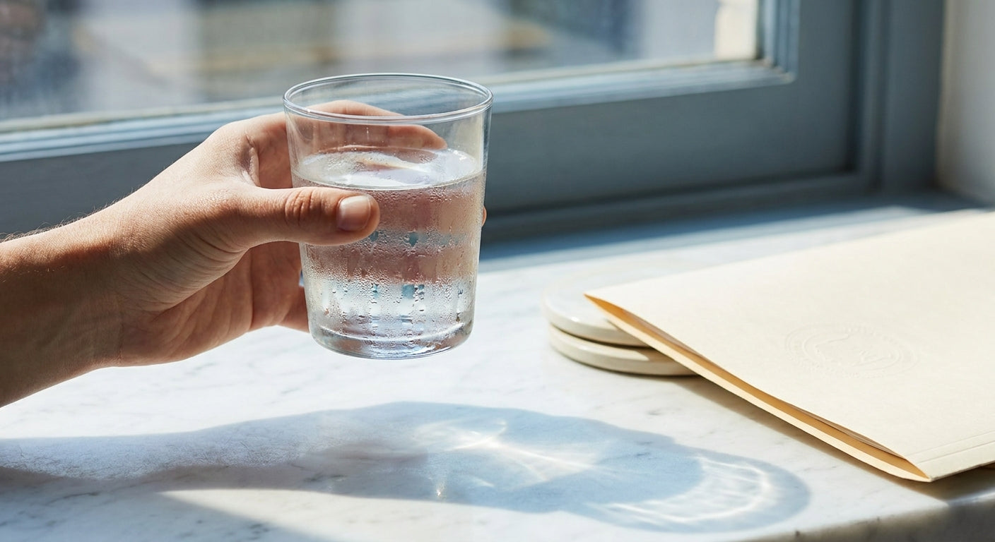 A clear glass of water held up to natural light in a modern kitchen, with a blurred official document resting on a white marble countertop beside it.