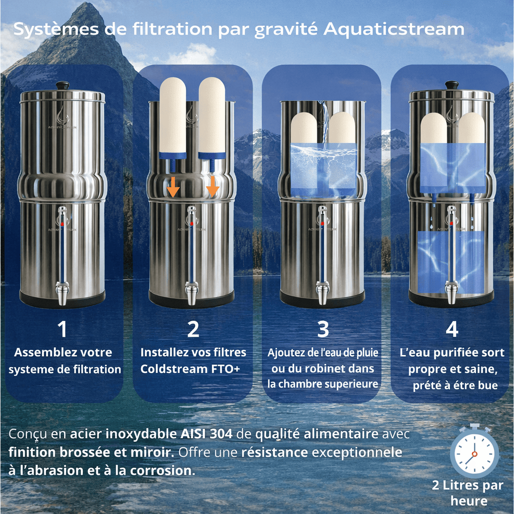 Aquaticstream fontaine à gravité Aquaticstream 8.5L Gravity Filtration système - inclus filtres 2 FTO+, 1 base inox, 1 robinet avec vue (Copie)