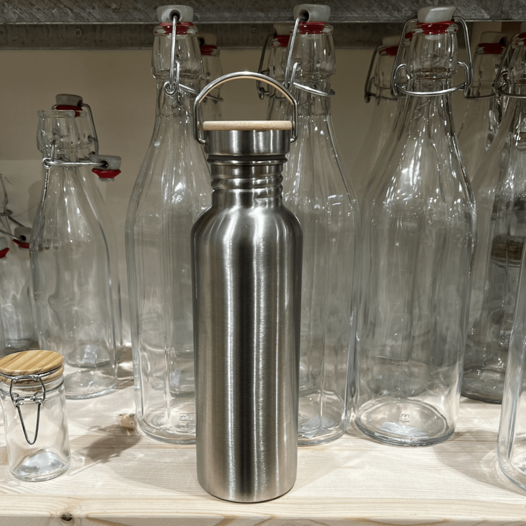 fontaine a gravite gourde inox Bouteille inox 800ml - Bouchon en bambou,  poignée de transport