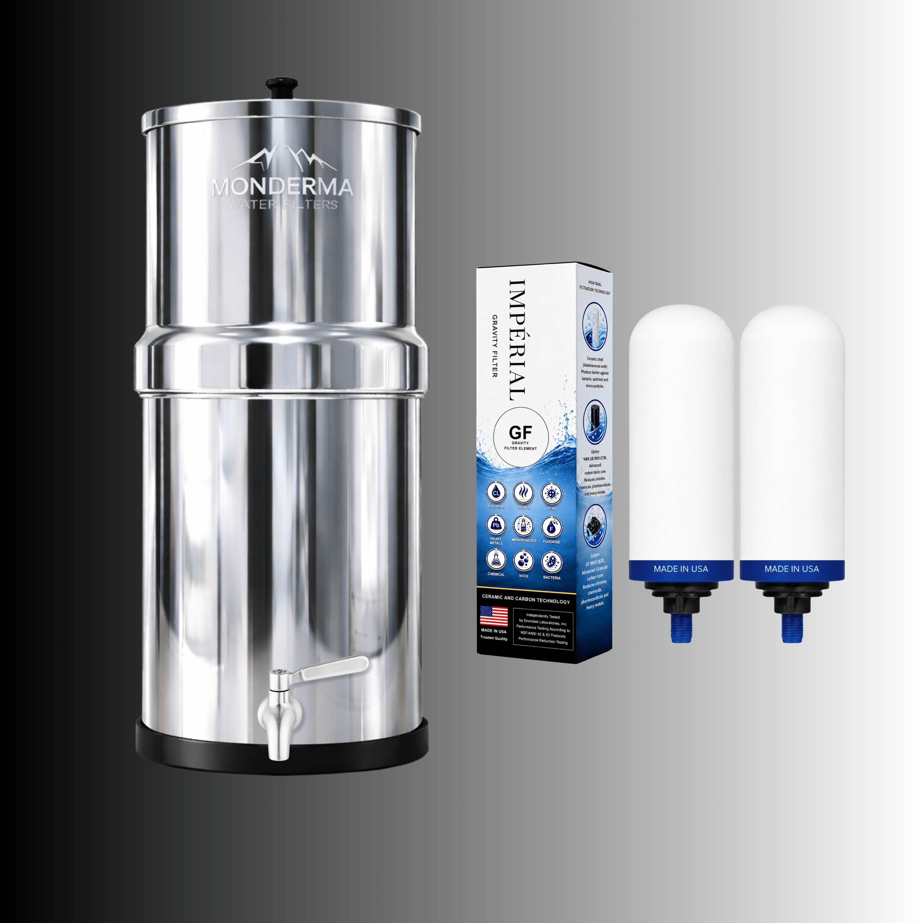 Monderma Fontaine filtrante gravitaire Monderma Fontaine Big 8.5L inox - 2 filtres Impérial GF | 12 mois de filtration