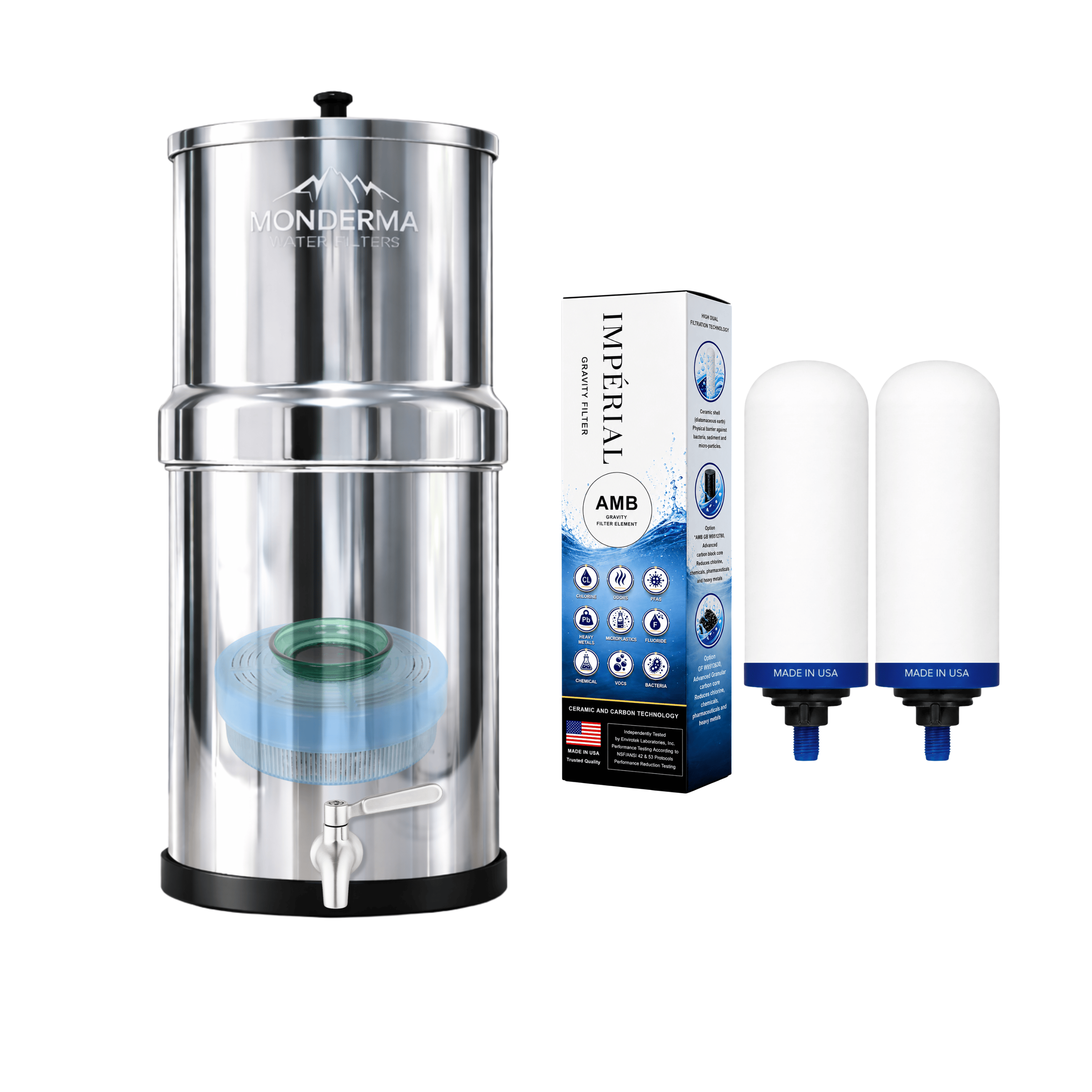 Monderma Fontaine filtrante gravitaire Monderma Fontaine Big 8.5L inox |BEP| - 2 filtres Impérial AMB | 12 mois de filtration
