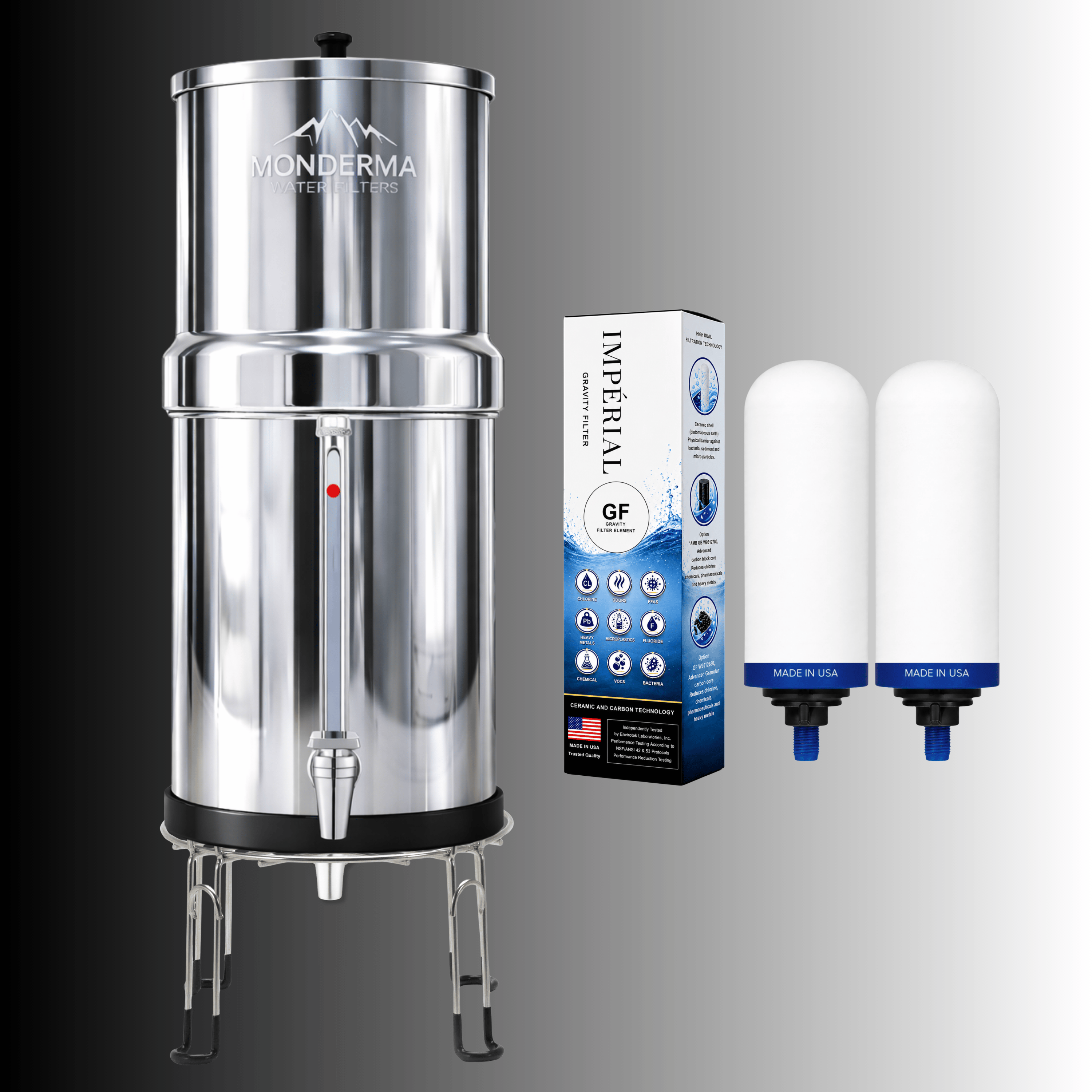 Monderma Fontaine filtrante gravitaire Monderma Fontaine Big 8.5L inox | Pack premium | 2 filtres Impérial GF | 12 mois de filtration