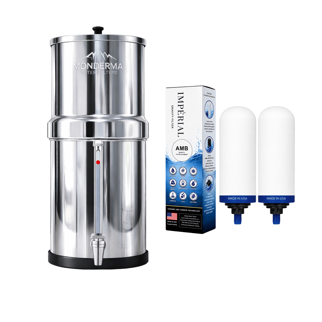 Monderma Fontaine filtrante gravitaire Monderma Fontaine Big 8.5L inox | Robinet Vue | 2 filtres Impérial AMB | 12 mois de filtration