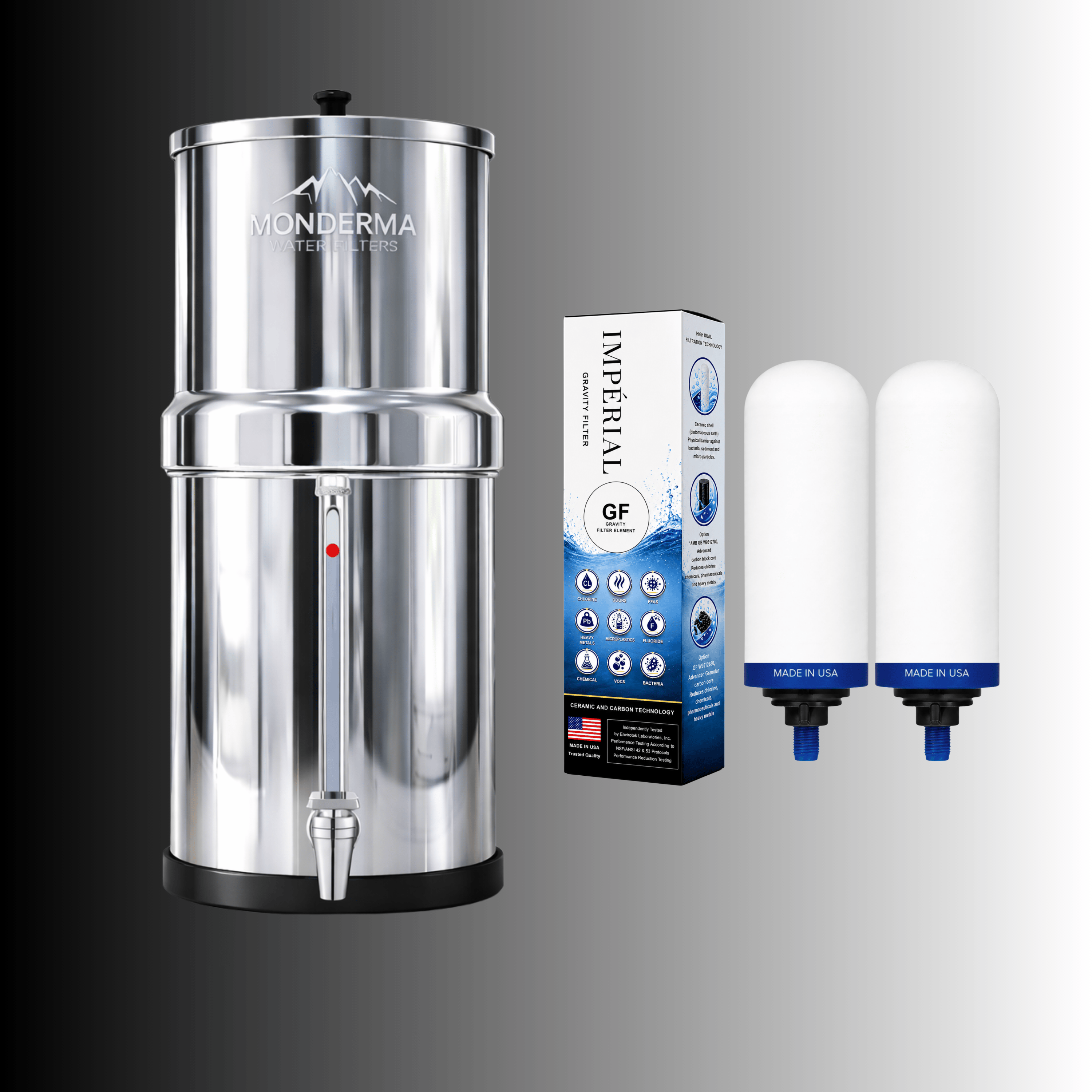 Monderma Fontaine filtrante gravitaire Monderma Fontaine Big 8.5L inox | Robinet Vue | 2 filtres Impérial GF | 12 mois de filtration