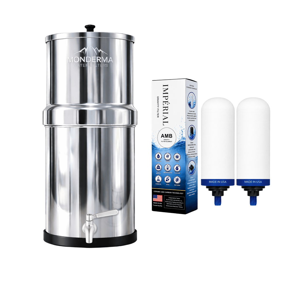Monderma Fontaine filtrante gravitaire Monderma Fontaine Travel 5.6L inox - 2 filtres Impérial AMB | 12 mois de filtration