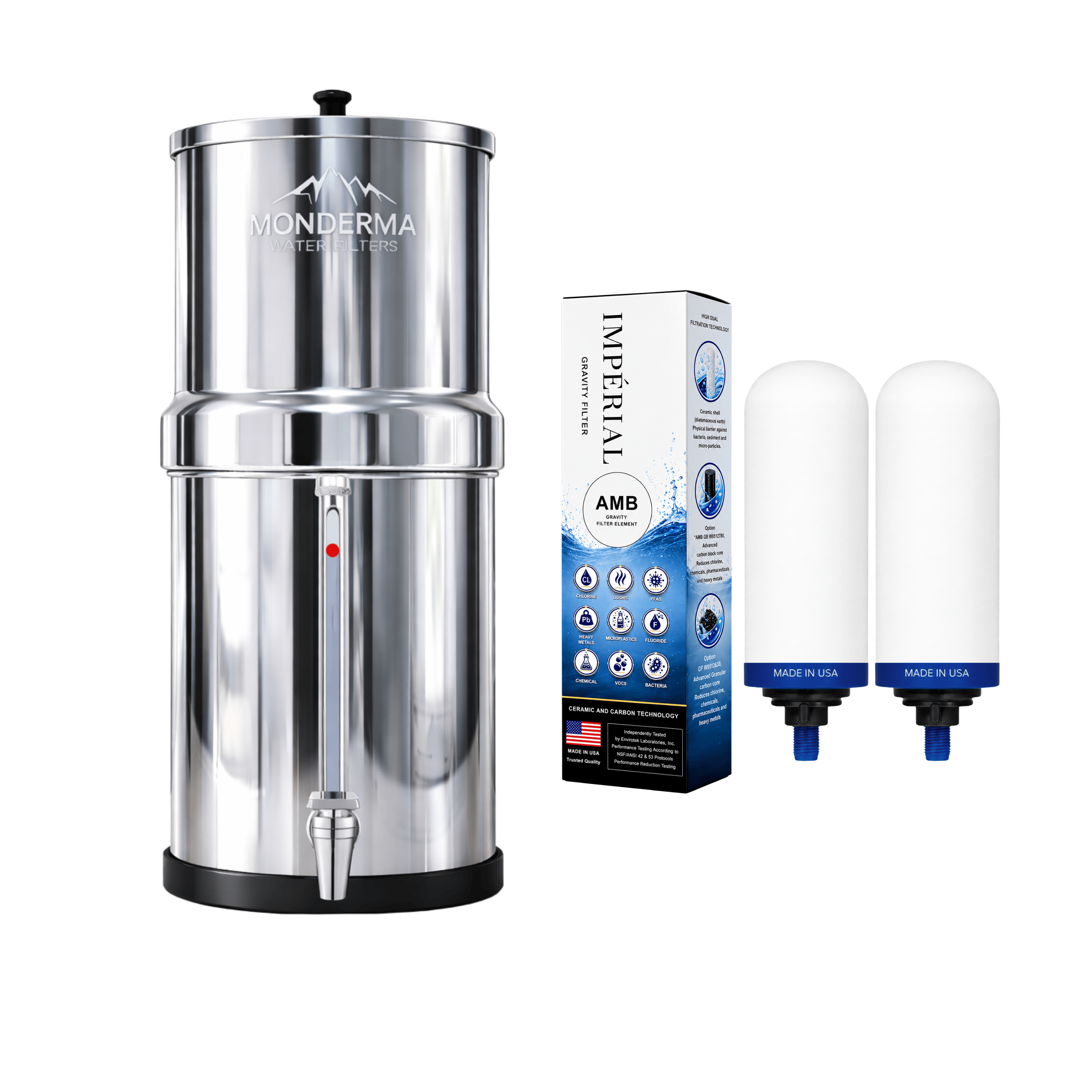 Monderma Fontaine filtrante gravitaire Monderma Fontaine Travel 5.6L inox | Robinet Vue | 2 filtres Impérial AMB | 12 mois de filtration
