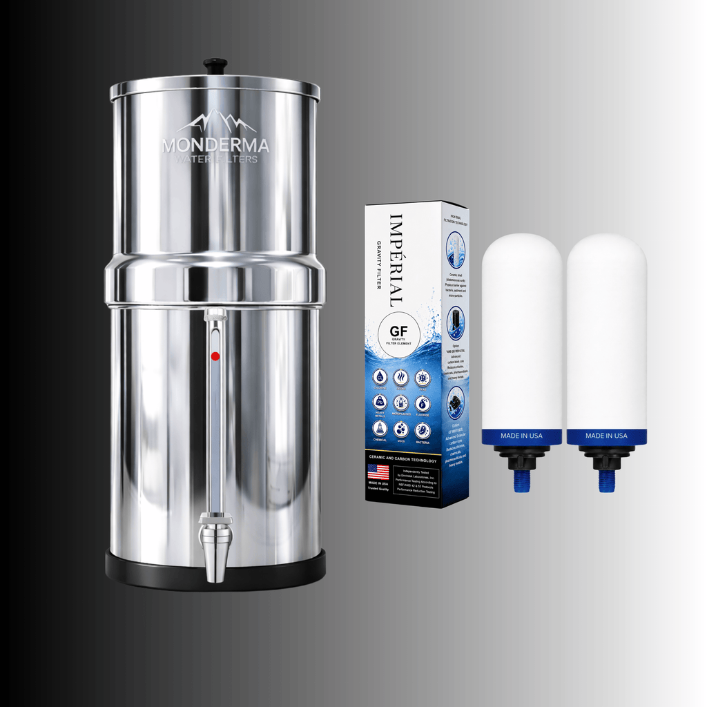 Monderma Fontaine filtrante gravitaire Monderma Fontaine Travel 5.6L inox | Robinet Vue | 2 filtres Impérial GF | 12 mois de filtration