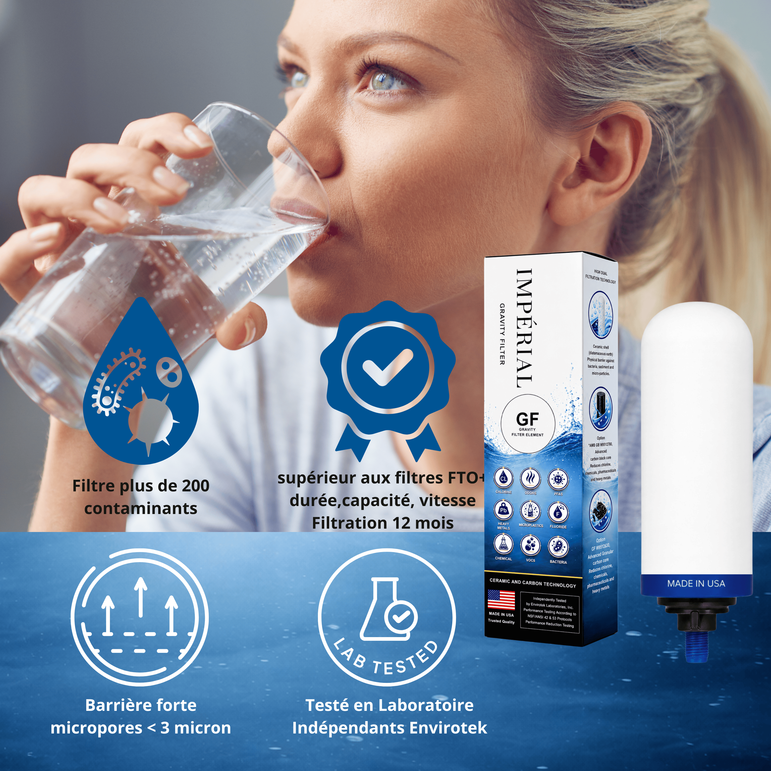 Monderma Recharge filtration pour fontaine à gravité Filtre Monderma Imperial GF™ | Double Action Céramique & Charbon Actif Granulaire |24 mois/12 000 Litres