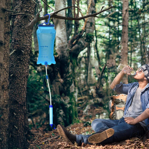 Filtri per l'acqua Monderma Filtrazione per escursioni e viaggi Filtro per acqua a gravità 3L - Soluzioni a membrana | 0,1 micron | Purificatore portatile con tracolla e borsa: campeggio, sopravvivenza, emergenza