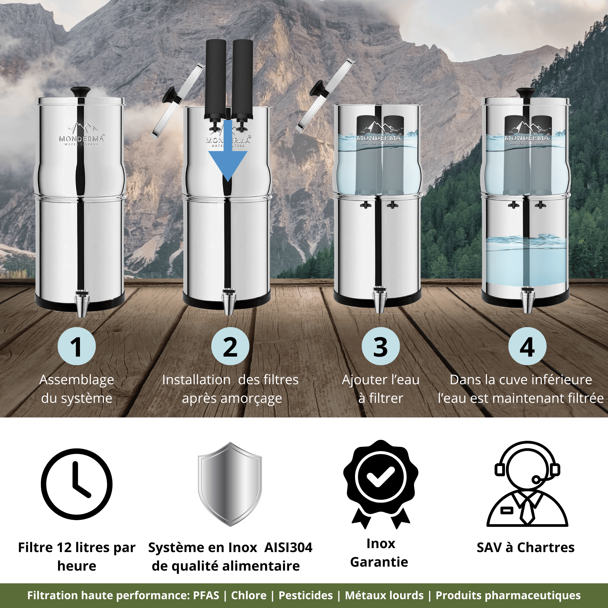 Monderma waterfilters fontaine monderma Fontaine à eau Monderma travel 5.6L - 2 cartouches Black filters - robinet inox