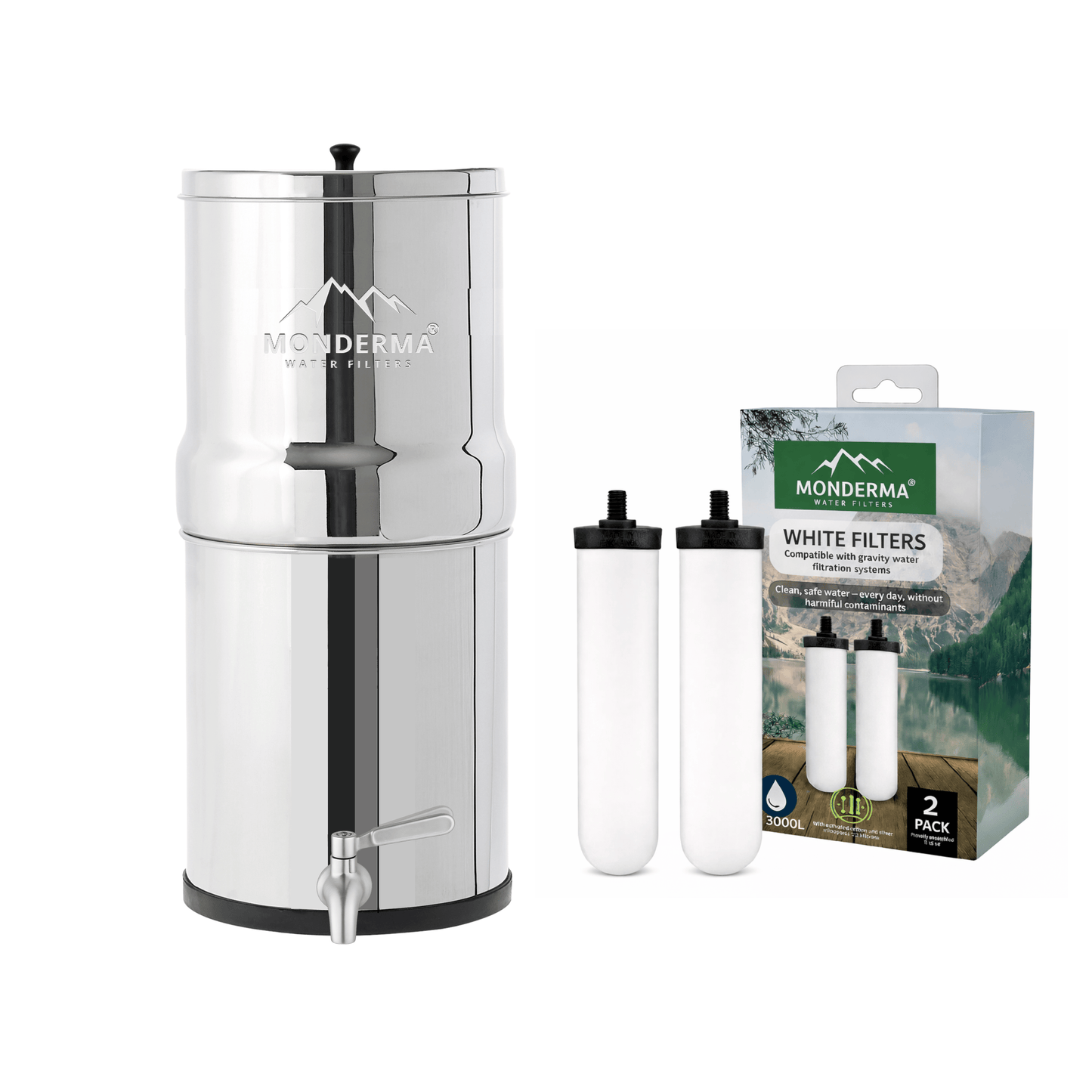 Monderma waterfilters fontaine monderma Monderma Fontaine Big 8.5L inox - 2 white filters - robinet inox - 6 mois de filtration