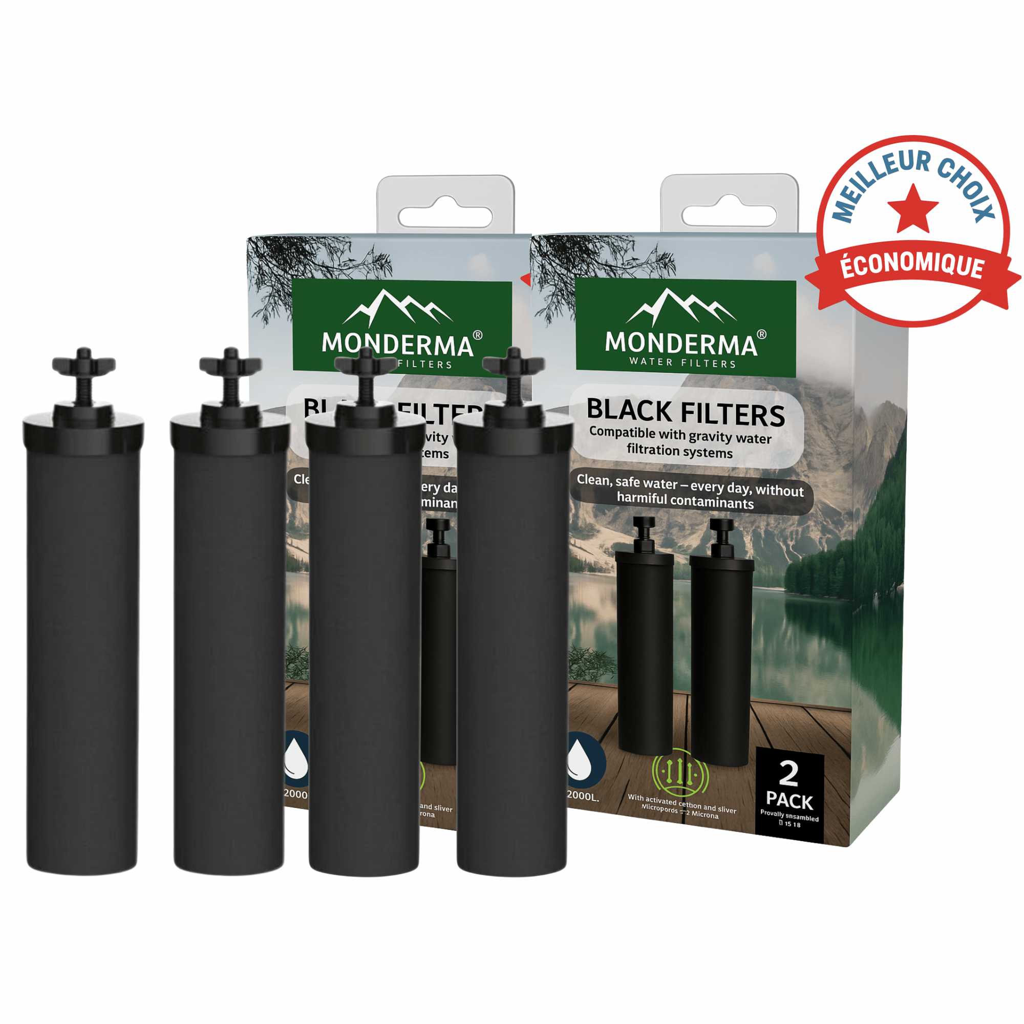 Monderma waterfilters Monderma éléments de filtration Monderma Black filters - 4 cartouches filtration MD-black-filter-, 24 mois, compatibles cuves berkey, weeplow, bekerfeld