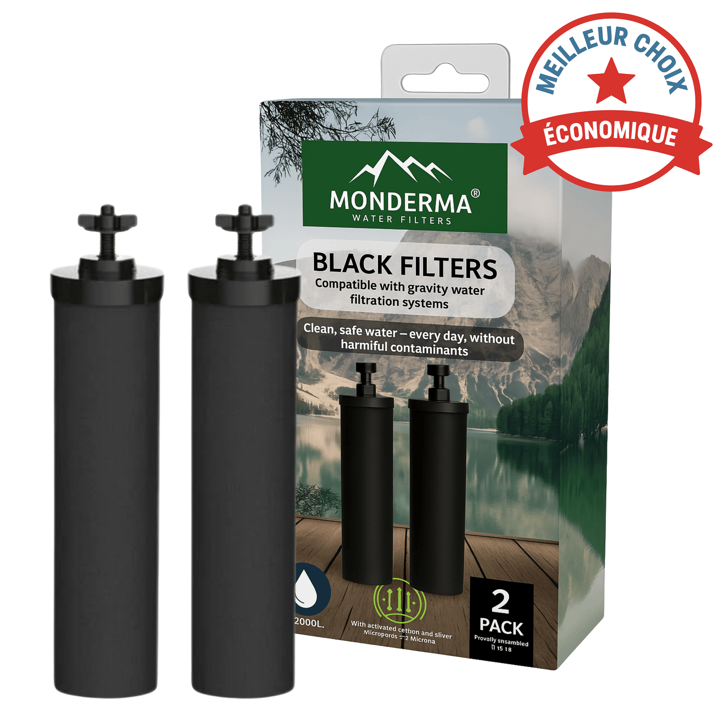 Monderma waterfilters Monderma éléments de filtration Monderma Black filters - cartouche filtration NSF/ANSI 42, 12 mois, cuves berkey, weeplow, bekerfeld