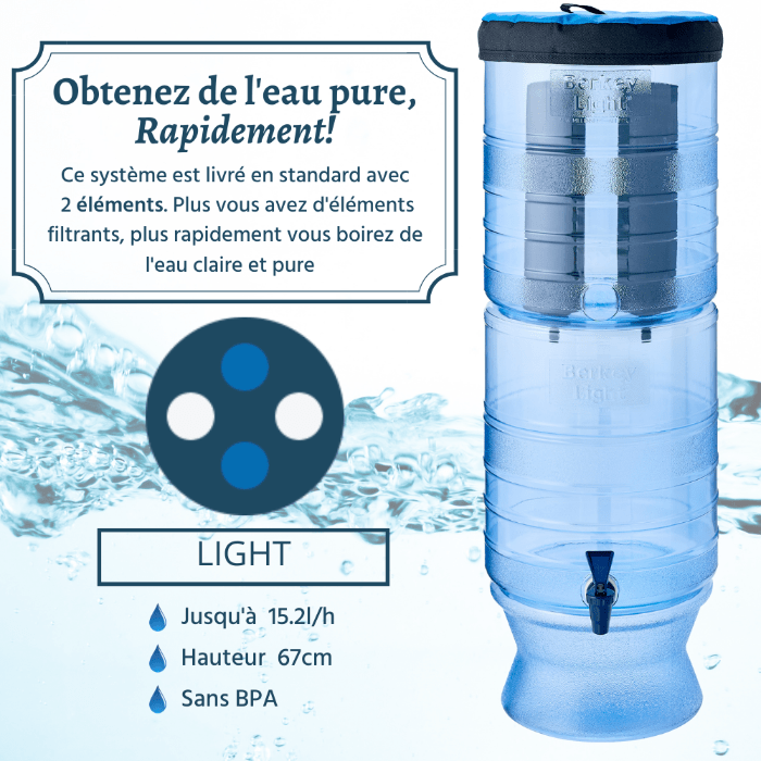 Spécifications du système Berkey Light®.  Le Fontaine à eau Berkey Light® est une unité légère conçue pour être utilisée à la maison. Lors d'activités en plein air telles que le camping, les activité sportives, les voyages et les situations d'urgence imprévues. 